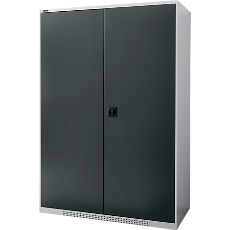 Dark grey cabinet with two doors, black handle, and rectangular air vents at the bottom.