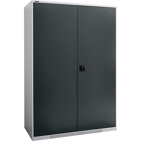 A grey steel cabinet with two doors, black handle, and ventilation slots at the bottom.