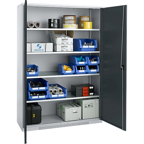 Open gray cabinet with shelves filled with supplies and tools. The left door is slightly open.