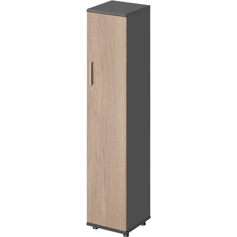 A tall, narrow cabinet with a wooden front and anthracite-colored sides and top. An elongated handle. Standing on small feet.
