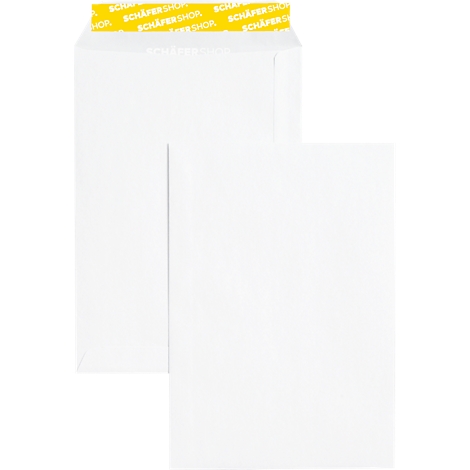 Deux enveloppes blanches, dont une ouverte, avec des bandes adhésives jaunes. Imprimé : Schäfershop.