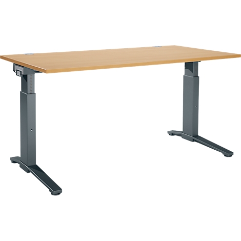 Lichtbruine bureau met antracietkleurige in hoogte verstelbare poten.