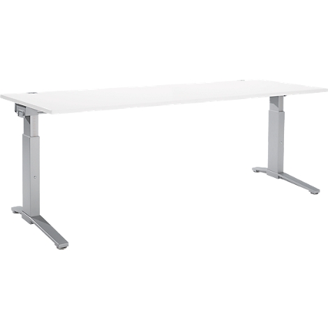 Een witte, in hoogte verstelbare bureau met zilveren poten, iets los van de achtergrond.
