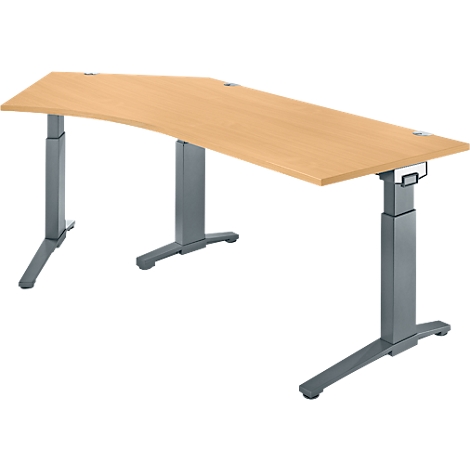Bright, ergonomic desk with adjustable height legs. The tabletop has a slight curve. Gray legs.