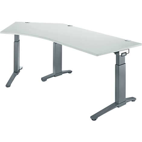 A white, height-adjustable desk with gray metal legs. The tabletop has a slight curve.