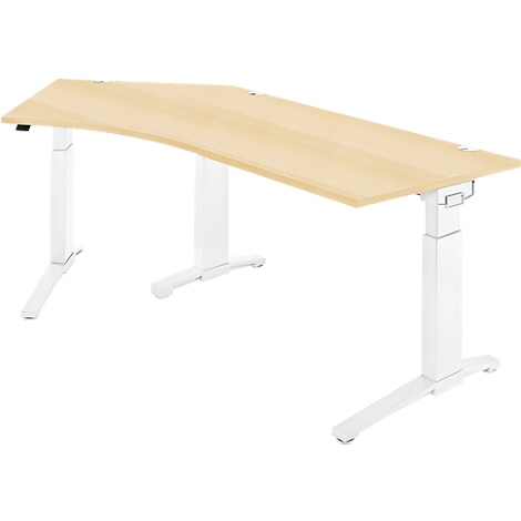 Desk with light brown tabletop and white height-adjustable frame. The shape is slightly curved.