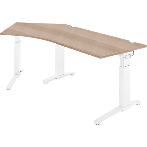 An ergonomic height-adjustable desk made of light wood with white legs, against a white background.