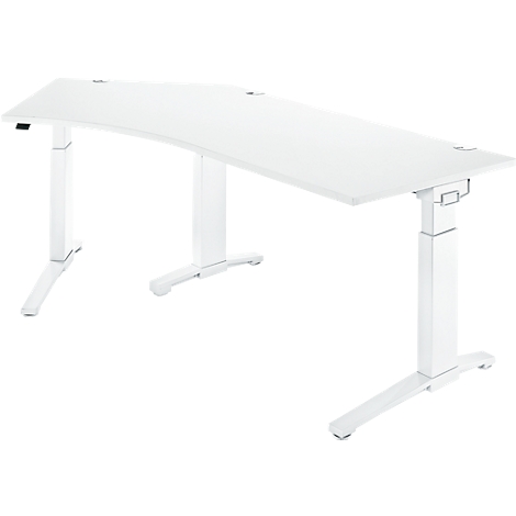 White, height-adjustable desk with curved tabletop and rectangular base.