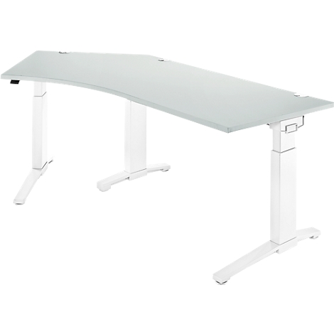 A white, height-adjustable desk with a curved table top and white frame.