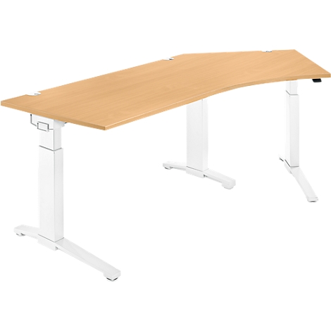 A height-adjustable desk with a light brown tabletop, supported by white legs.