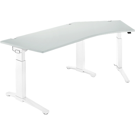 A white height-adjustable desk with a curved tabletop. Three legs with white frame, light gray tabletop.