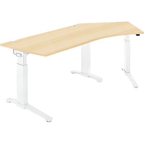 A light-colored, ergonomic desk with a white frame and light brown tabletop. The design is slightly curved.