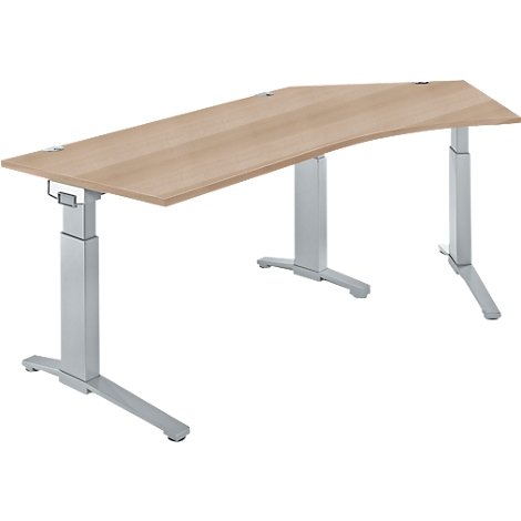 A light-colored, height-adjustable desk with a curved tabletop on silver legs.