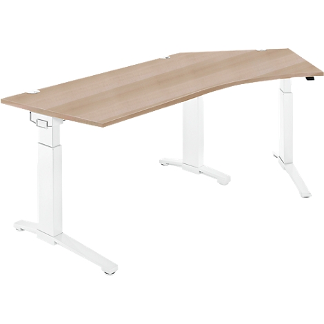 A light-colored, L-shaped desk with a wooden top and white height-adjustable legs.