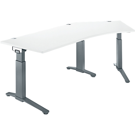 Desk with white tabletop and height-adjustable gray legs.