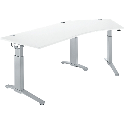 White, curved desk with silver, height-adjustable legs. Three holes in the tabletop.