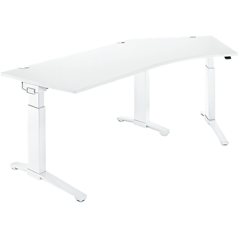White height-adjustable desk with curved tabletop and two pillars.