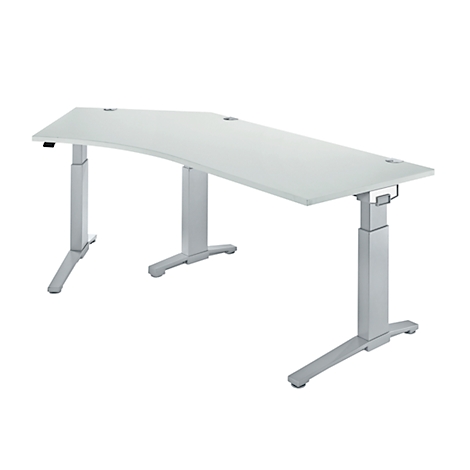 A white height-adjustable desk with a curved tabletop on gray-silver legs, against a white background.