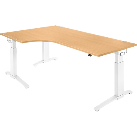 Light brown corner desk with white frame. The table has an ergonomic shape and height-adjustable feet.