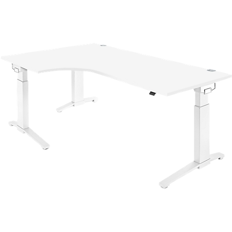 White, height-adjustable corner desk, with an L-shaped design and steel legs.
