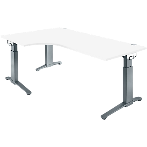 A white, height-adjustable corner desk, with silver legs, against a white background.