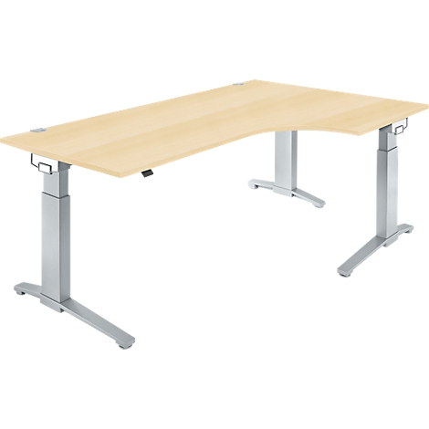 Light brown corner desk with metal legs, height adjustable.