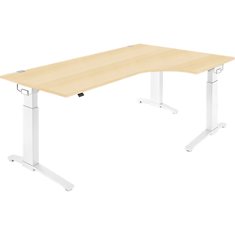 Light brown corner desk with white legs and a black control unit.