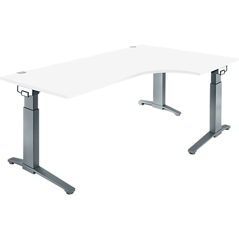 White L-shaped desk with height-adjustable gray legs. The tabletop is smooth without any visible elements.