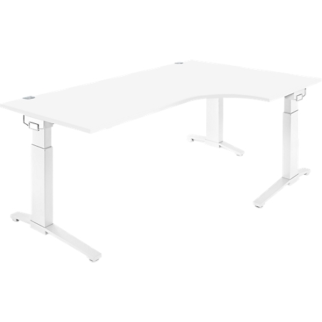 White, L-shaped desk with adjustable height legs. The tabletop has a rounded corner.