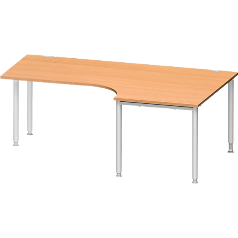 Schäfer Shop Genius escritorio angular MODENA FLEX 90°, fijación derecha, unilateral, paneles laterales acortados, tubo redondo de 4 patas, decoración haya/aluminio blanco