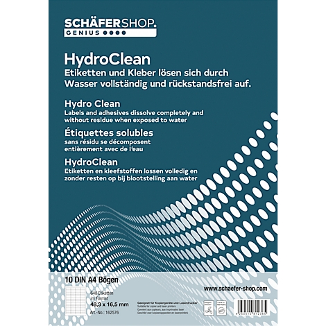 Feuille d'étiquettes bleu et blanc avec l'inscription 'HydroClean'. Texte en allemand, anglais, français et néerlandais. Contient 10 feuilles DIN A4.