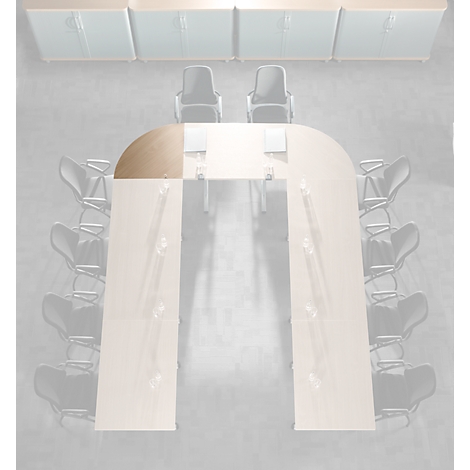 Top view of a meeting table surrounded by chairs.