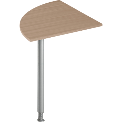 Semi-circular table top in wood look, attached to a gray column.