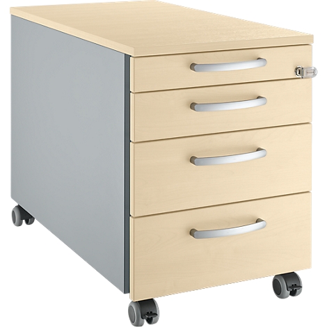Beige and grey rolling cabinet with four drawers, silver handles, casters, and a lock.