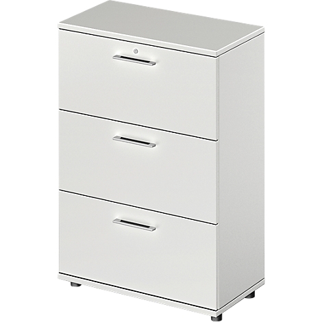 White file cabinet with three drawers and silver handles. The cabinet is standing on small, round feet.