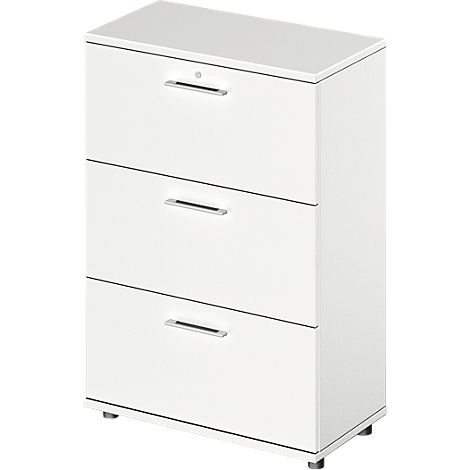White file cabinet with three drawers and silver handles. A keyhole on top.