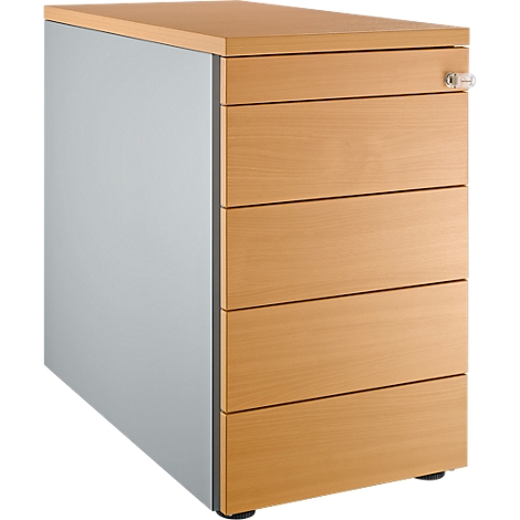 A tall, narrow desk cabinet with a gray side and light brown wood drawers. There is a lock on the top drawer.