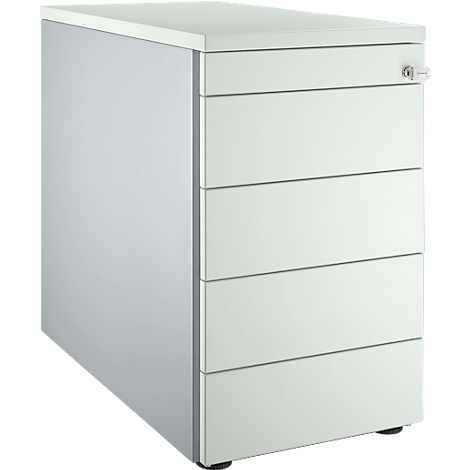 A white mobile pedestal with four drawers and a lock.