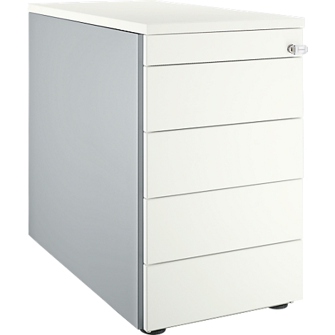 White and gray filing cabinet with four drawers and lock.