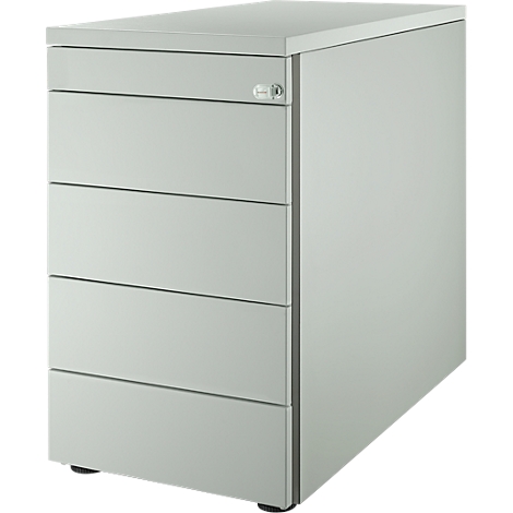 Grey metal filing cabinet with four drawers and a lock.