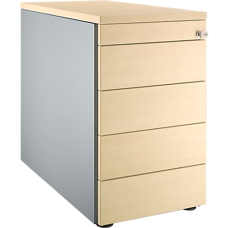 Beige file cabinet with four drawers, a gray side, and black feet.