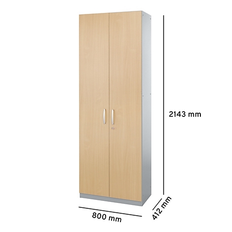 Ein hoher Schrank aus hellem Holz mit Doppeltüren und Metallgriffen. Die Maße sind angegeben.