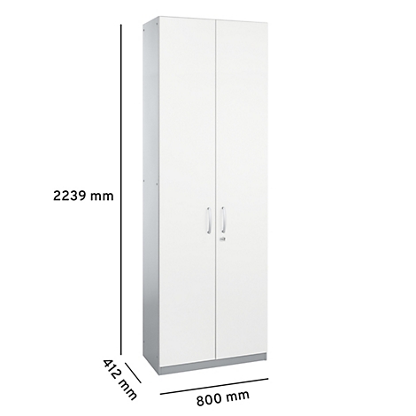 Hoher, weißer Schrank mit zwei Türen, zwei Griffen und Maßangaben: 2239 mm hoch, 800 mm breit, 412 mm tief.