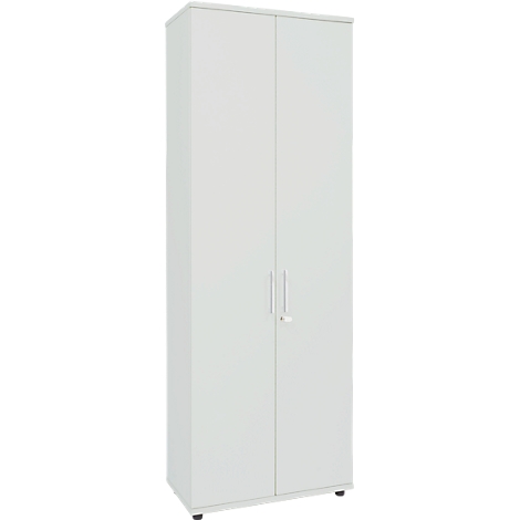 Ein weisser Schrank mit zwei Türen. Die Türen haben schmale, vertikale Griffe und einen kleinen Griff in der Mitte.