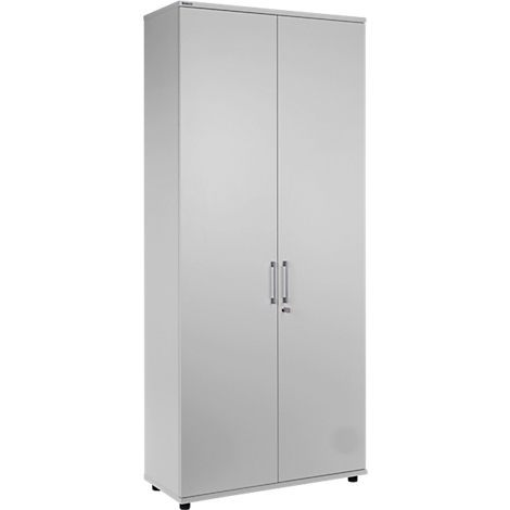 Ein grauer Schrank mit zwei Türen, Griffen und Schloss.
