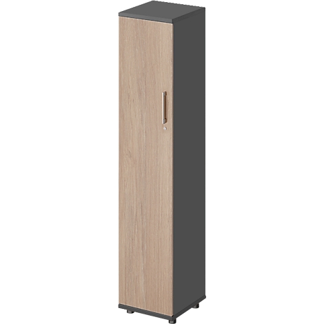 Wooden cabinet with gray sides and top. Wood-look handle.