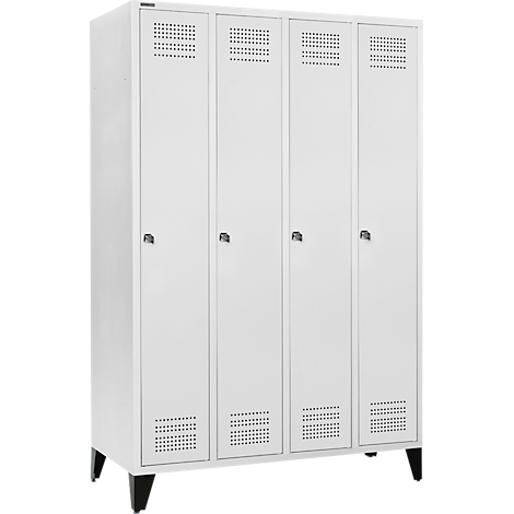 White cabinet with four doors, small handles and holes for air circulation.
