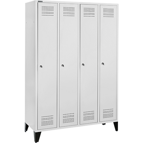 White locker with four doors. Each door has a keyhole and ventilation holes.
