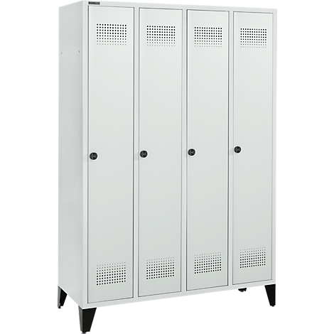 White locker with four doors, perforated pattern, black handles and feet.