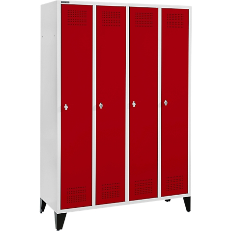 Four red cabinet doors standing side by side. The cabinet doors are surrounded by white frames and stand on black feet.